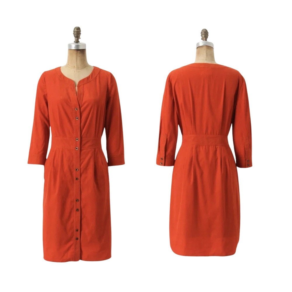 Anthropologie Maeve Anaheim Corduroy Shirtdress Size 10 Rust Orange Button Front